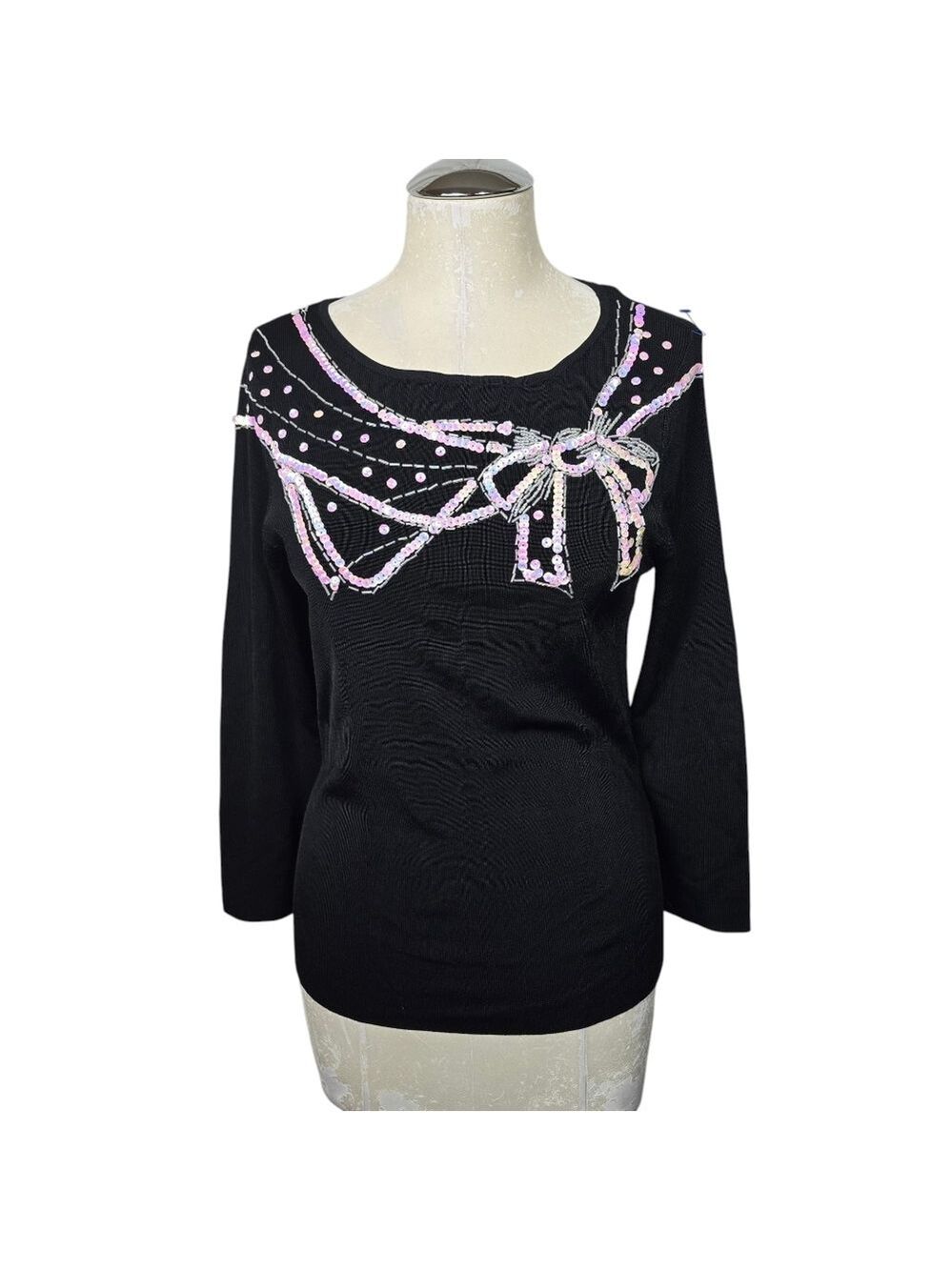 Lucia Burns Sequins Beaded White Pink Black Long Sleeves Vintage Top M